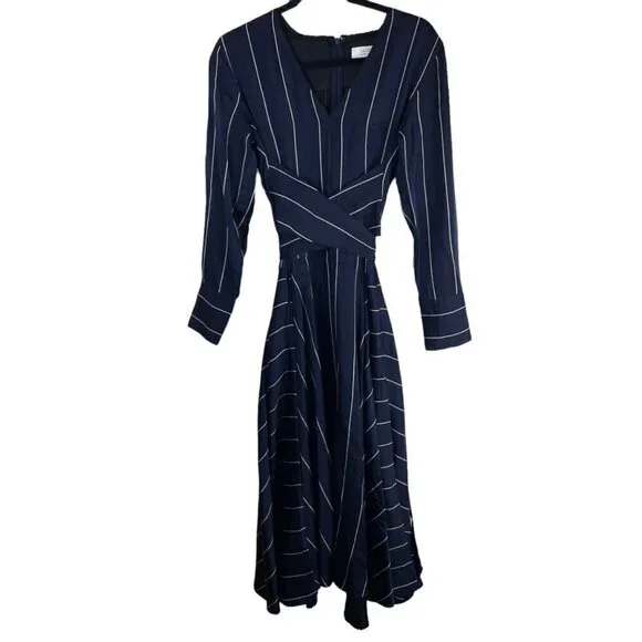La Ligne New York Sadie Striped V Neck Long Sleeve Midi Dress Navy Blue White S - Picture 4 of 13